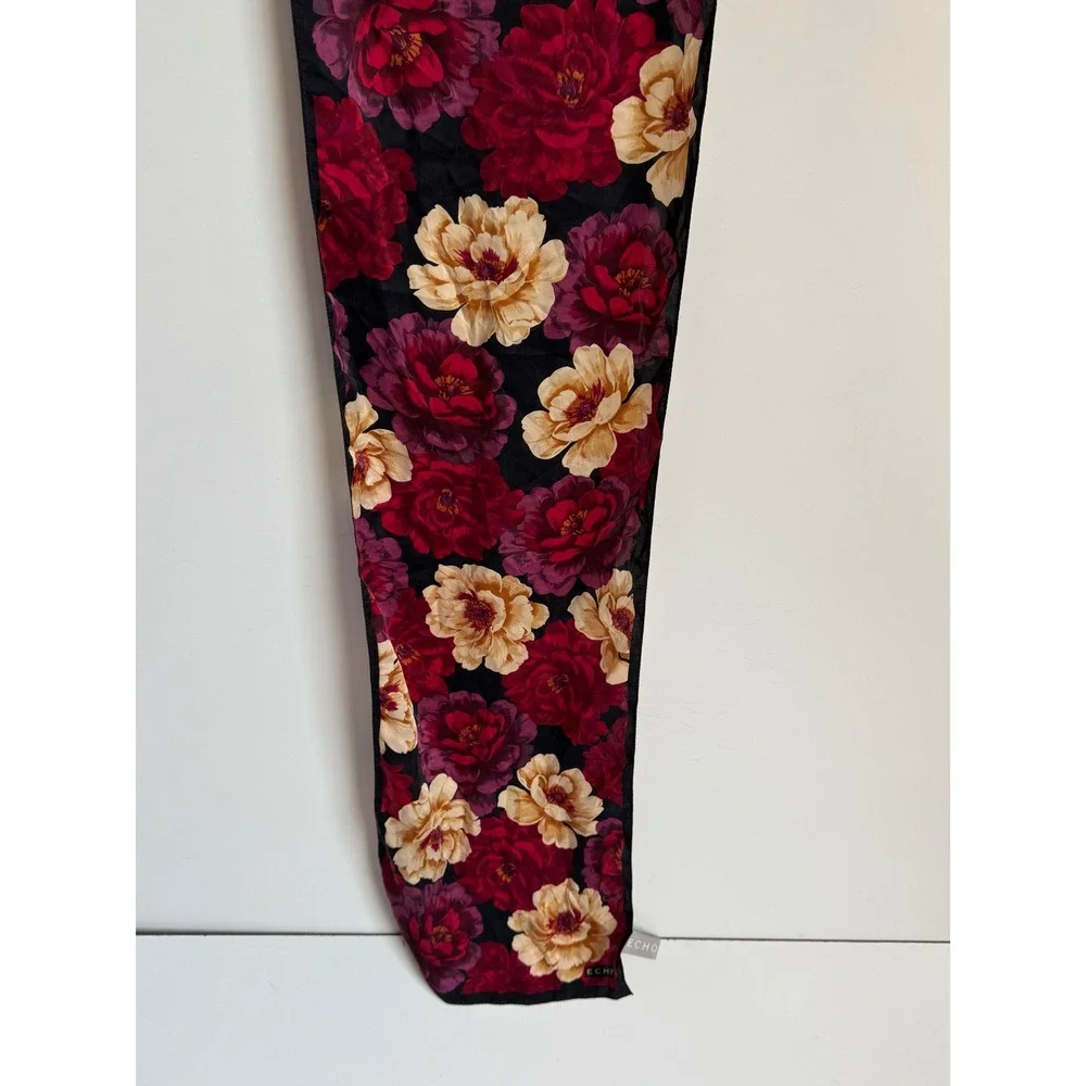 Echo Silk Scarf Red Burgundy Cream Floral Peony Print Oblong Neck floral luxury